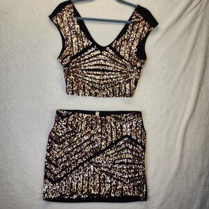 Two Piece Set Skirt Crop Top Womens Large Geometric Bronze/Gold Sequin Metallic